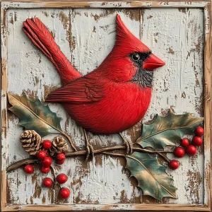 10" x 10" Christmas Cardinal with Berries Sign TTE-050