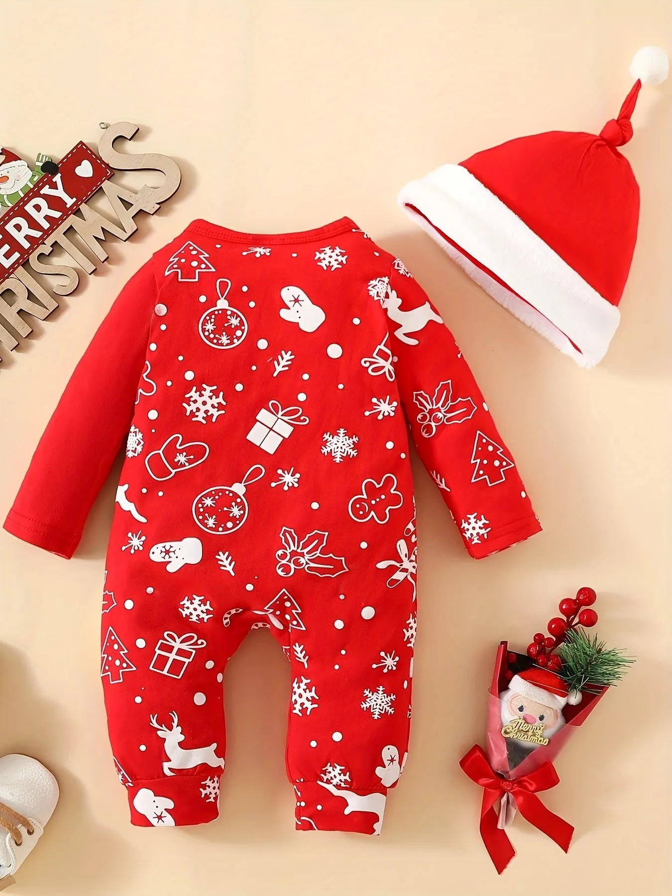 2pcs Baby Deep Red Christmas Cute Deer Print Gift Long Sleeve Bodysuit   Furry Hat 0-1 Years Old Girls Christmas Costume Clothes Behind Winter Snowflake Print Love Gifts From Mom Dad For Kids, Suitable For Indoor And Outdoor Wear