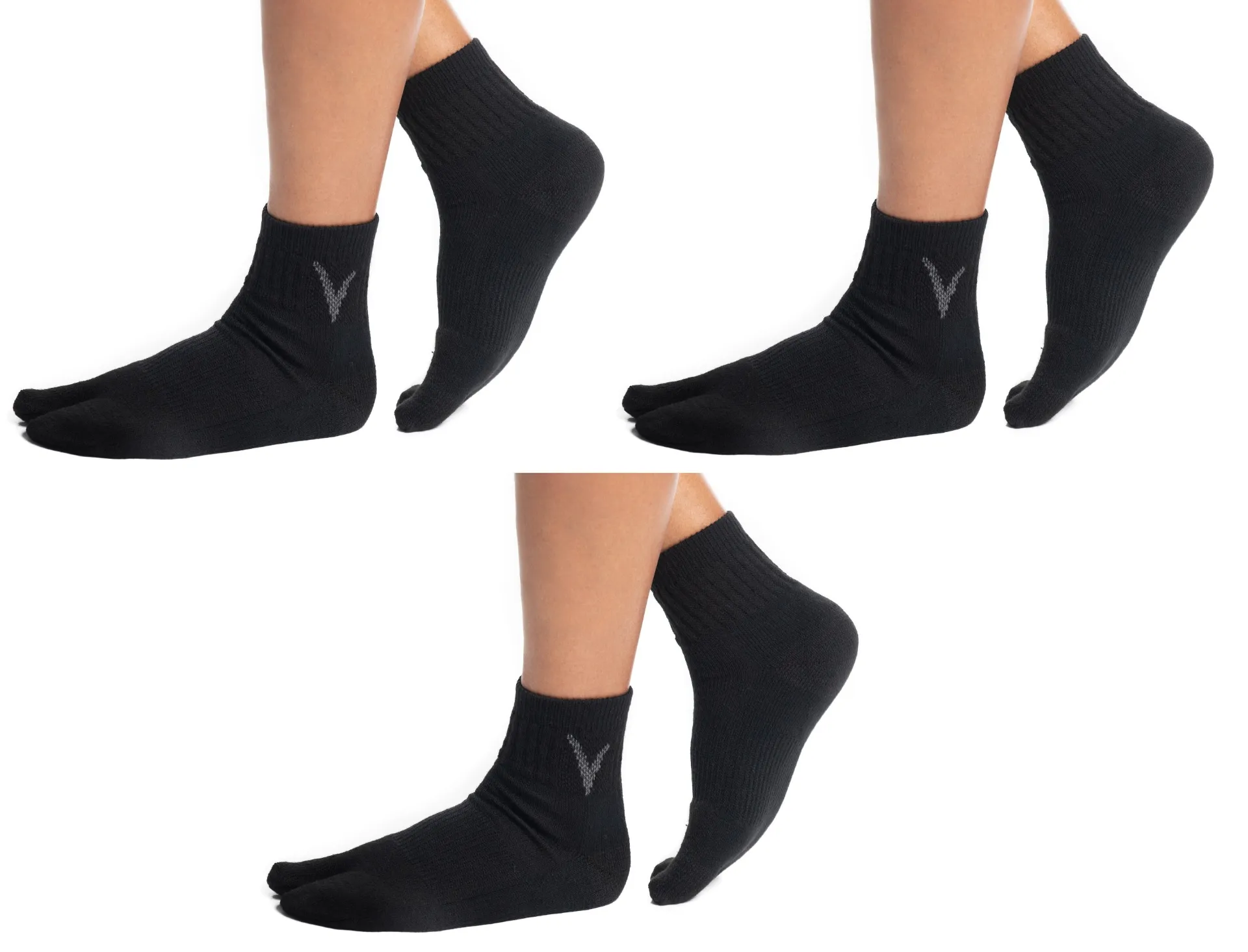 3 Pairs Black Wool Casual or Hiking V-Toe Flip-Flop Tabi Big Toe Socks