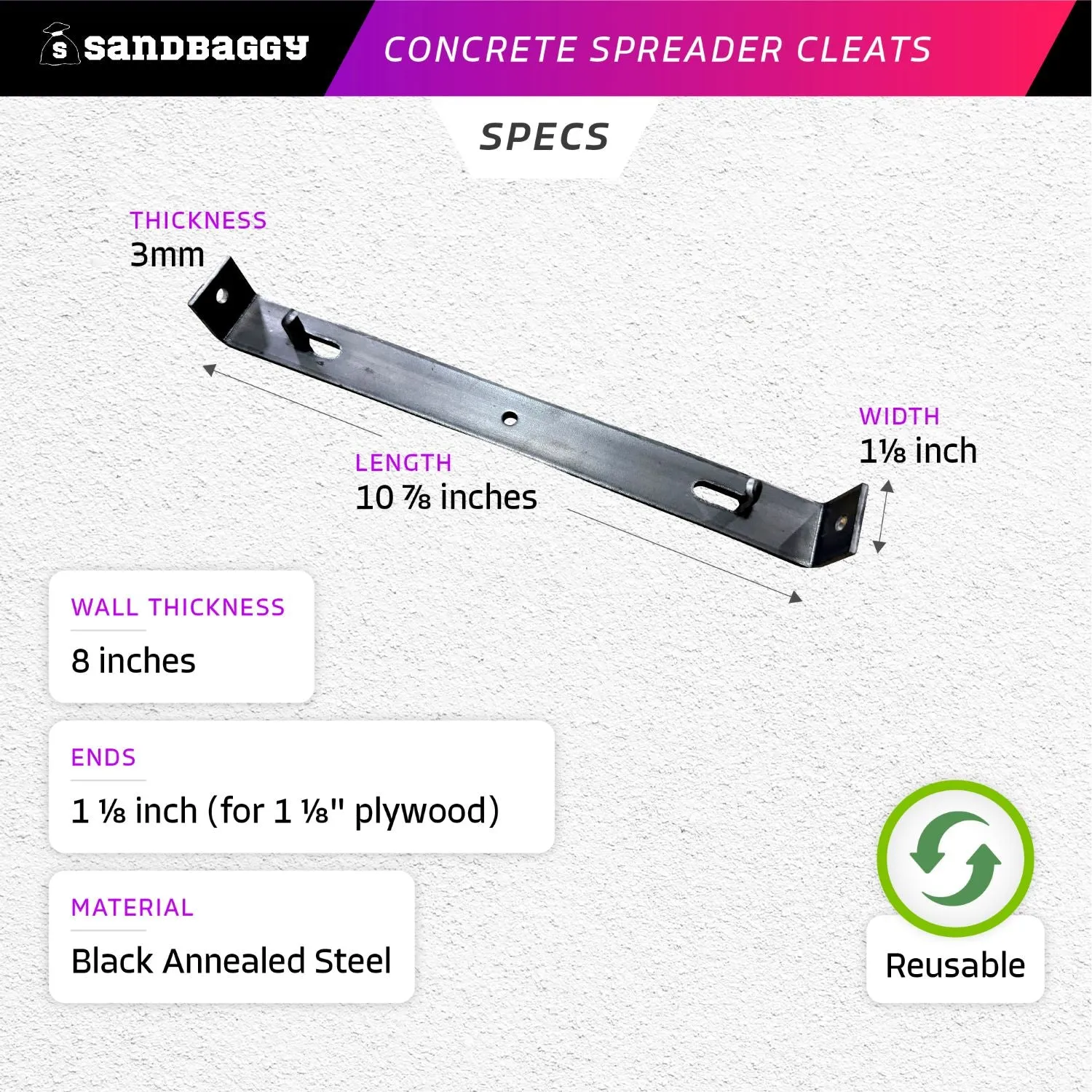 8" Concrete Spreader Cleats - Sizes for ¾"  or 1⅛" Plywood - Form Clips