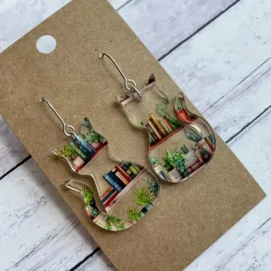 Acrylic Cat Shaped Earrings With Books And Plants