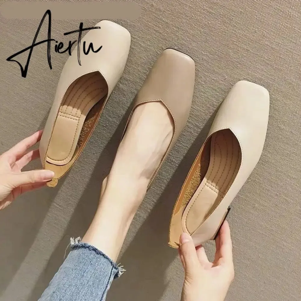 Aiertu New Spring Flats Shoes Women Wooden Low Heel Ballet Square Toe Shallow Brand Shoe Slip On Loafer zapatos de mujer big size 35-41