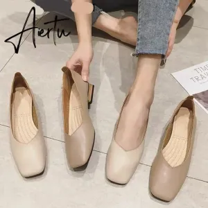 Aiertu New Spring Flats Shoes Women Wooden Low Heel Ballet Square Toe Shallow Brand Shoe Slip On Loafer zapatos de mujer big size 35-41