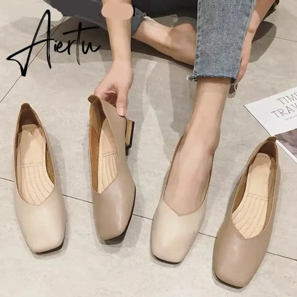 Aiertu New Spring Flats Shoes Women Wooden Low Heel Ballet Square Toe Shallow Brand Shoe Slip On Loafer zapatos de mujer big size 35-41