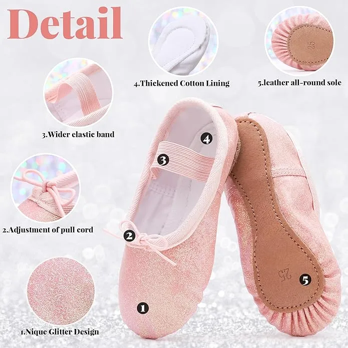 Ballet Shoes for Girls Glitter Ballet Dance Shoes Leather Dance Slippers Full Sole Ballet Dance Flats for Childrens Kids Toddler