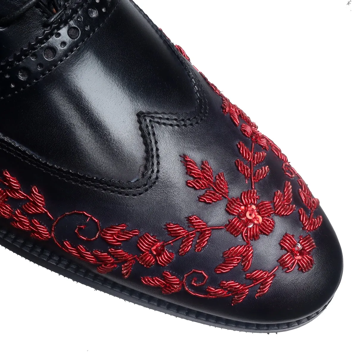 Black Leather Lace-Up Formal Shoes with Red Zardosi Wingtip Toe by Brune & Bareskin