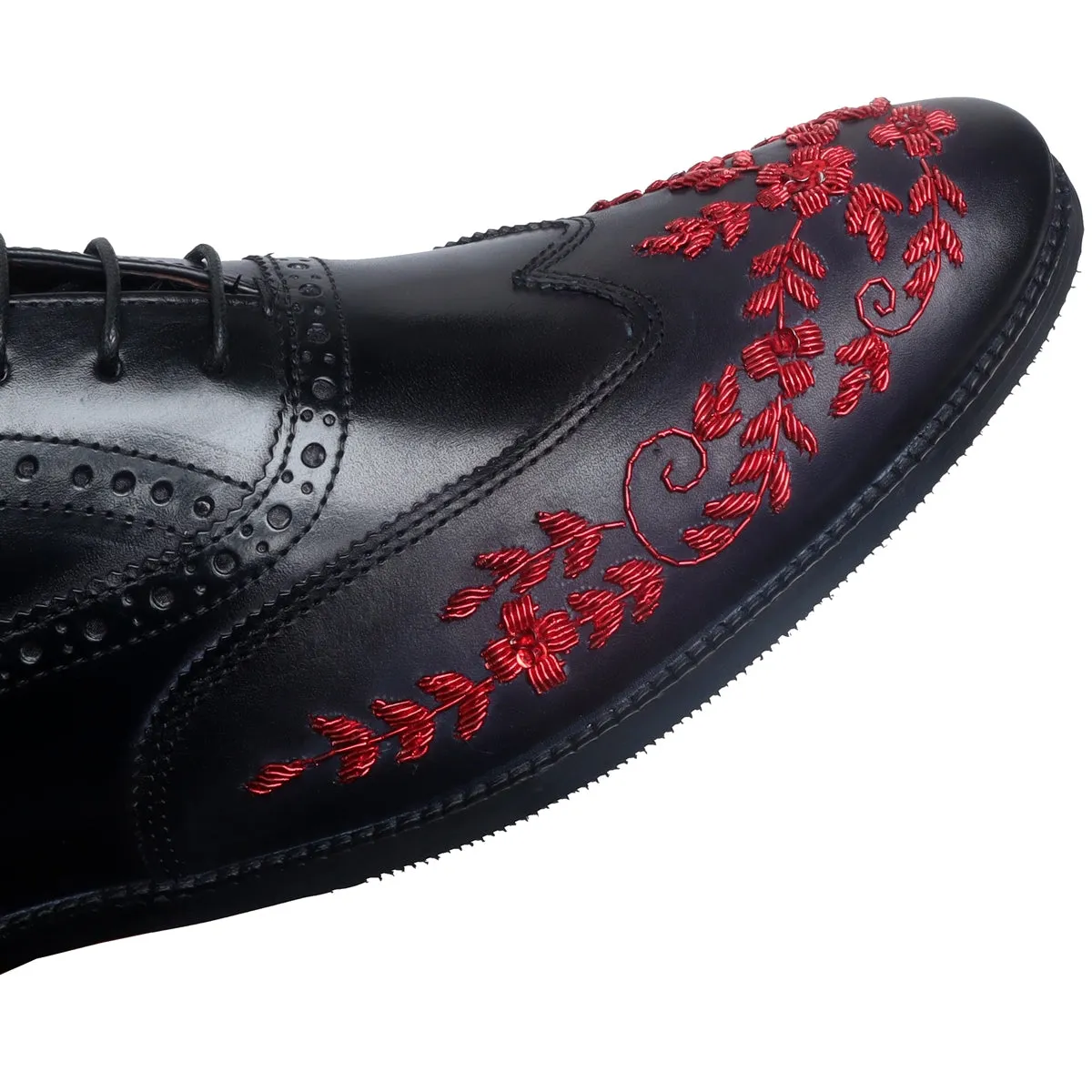 Black Leather Lace-Up Formal Shoes with Red Zardosi Wingtip Toe by Brune & Bareskin