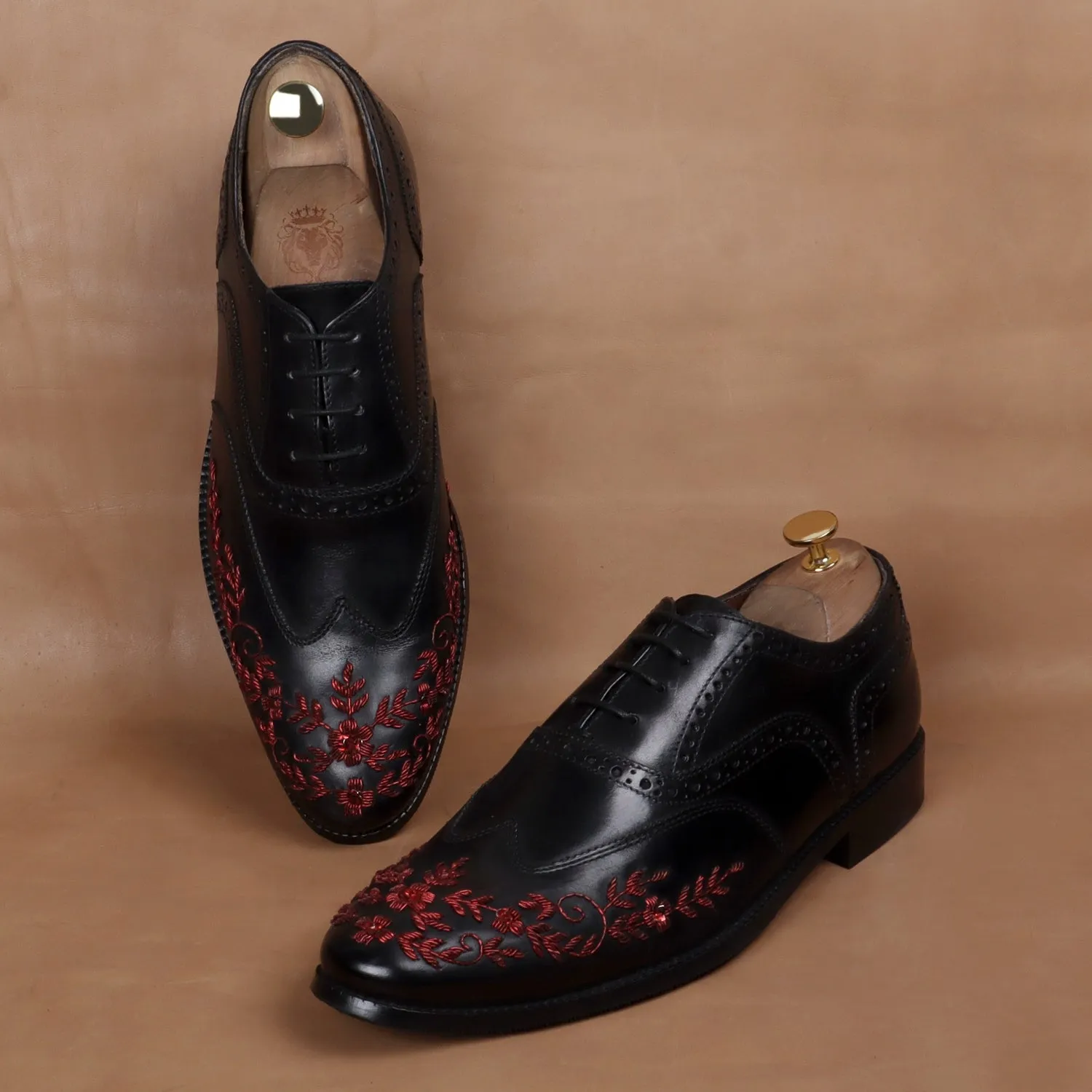 Black Leather Lace-Up Formal Shoes with Red Zardosi Wingtip Toe by Brune & Bareskin