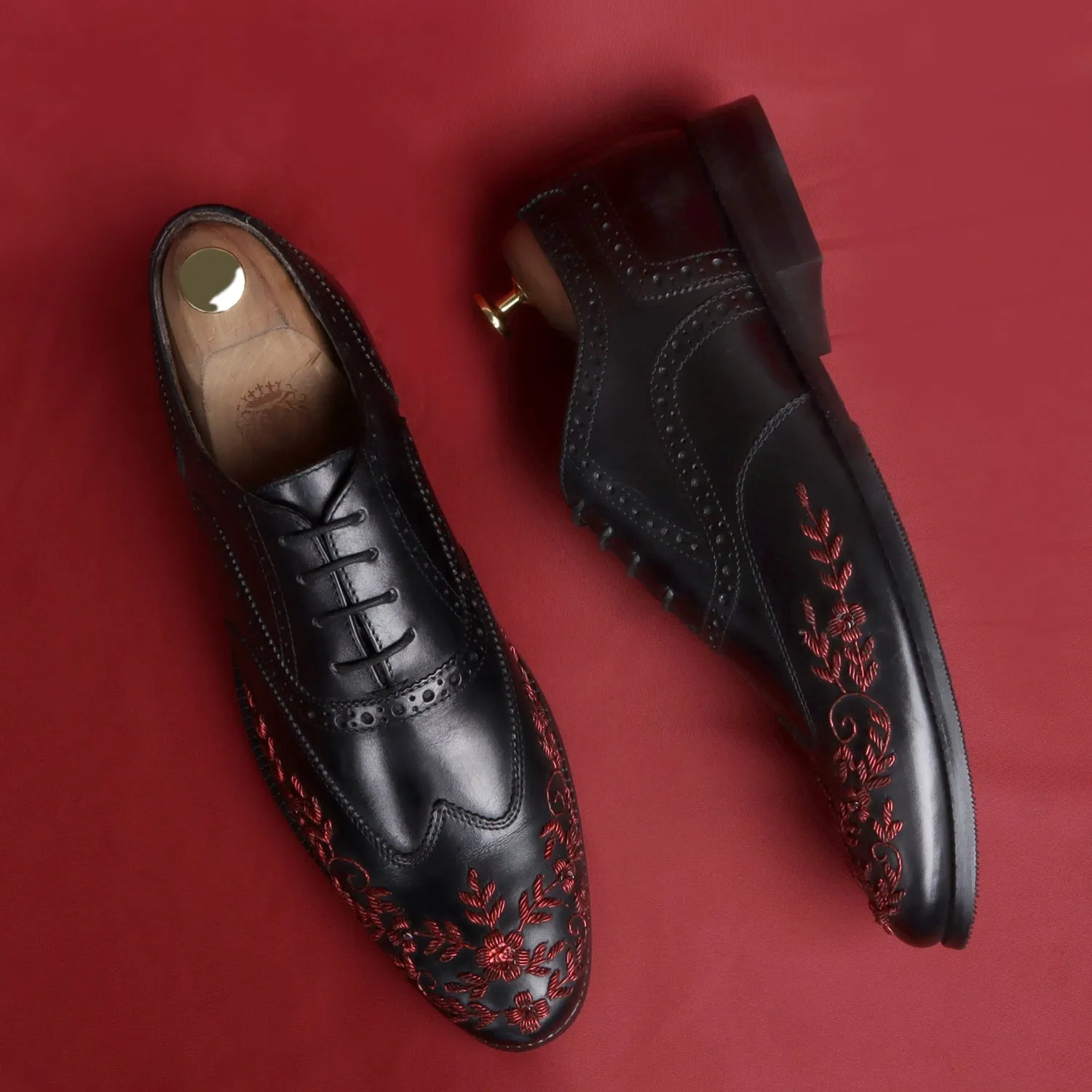 Black Leather Lace-Up Formal Shoes with Red Zardosi Wingtip Toe by Brune & Bareskin