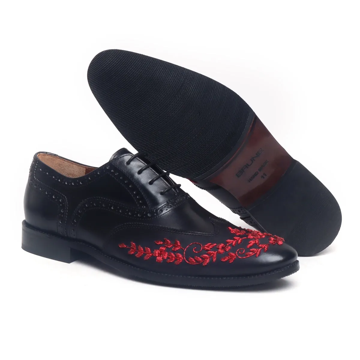 Black Leather Lace-Up Formal Shoes with Red Zardosi Wingtip Toe by Brune & Bareskin