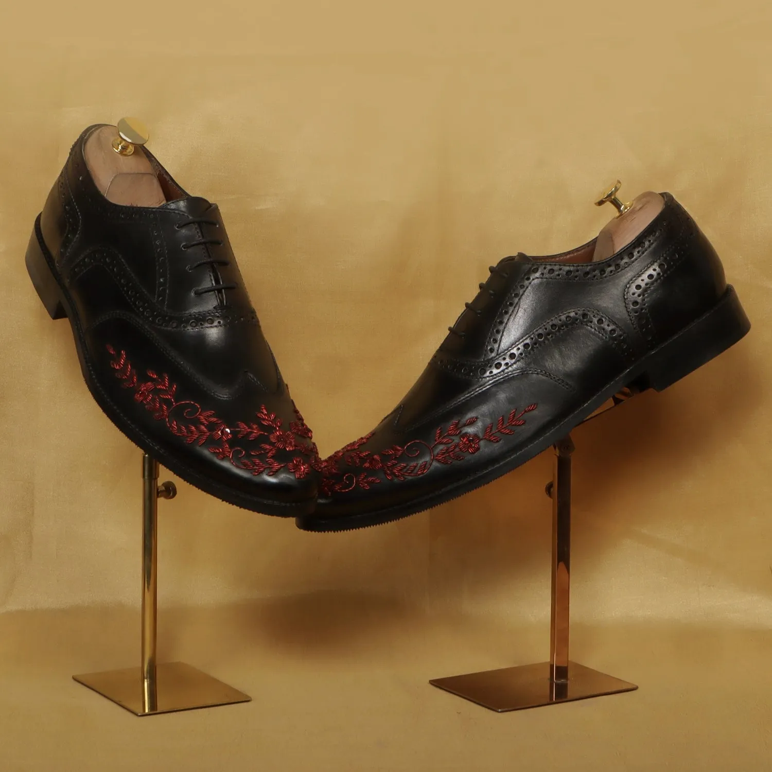 Black Leather Lace-Up Formal Shoes with Red Zardosi Wingtip Toe by Brune & Bareskin