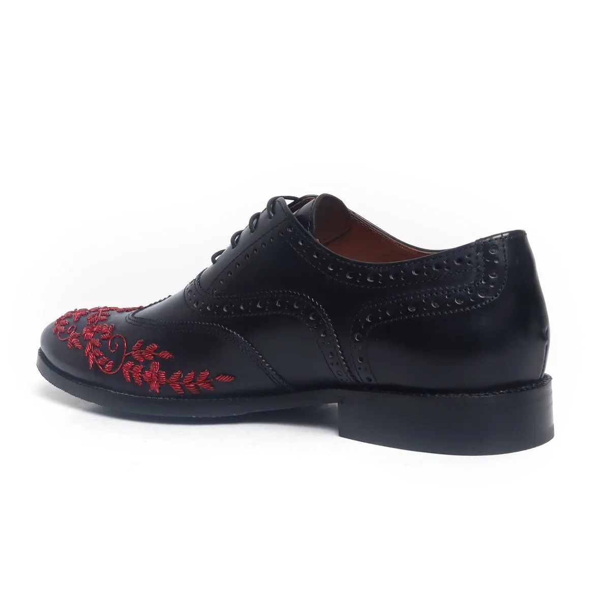 Black Leather Lace-Up Formal Shoes with Red Zardosi Wingtip Toe by Brune & Bareskin