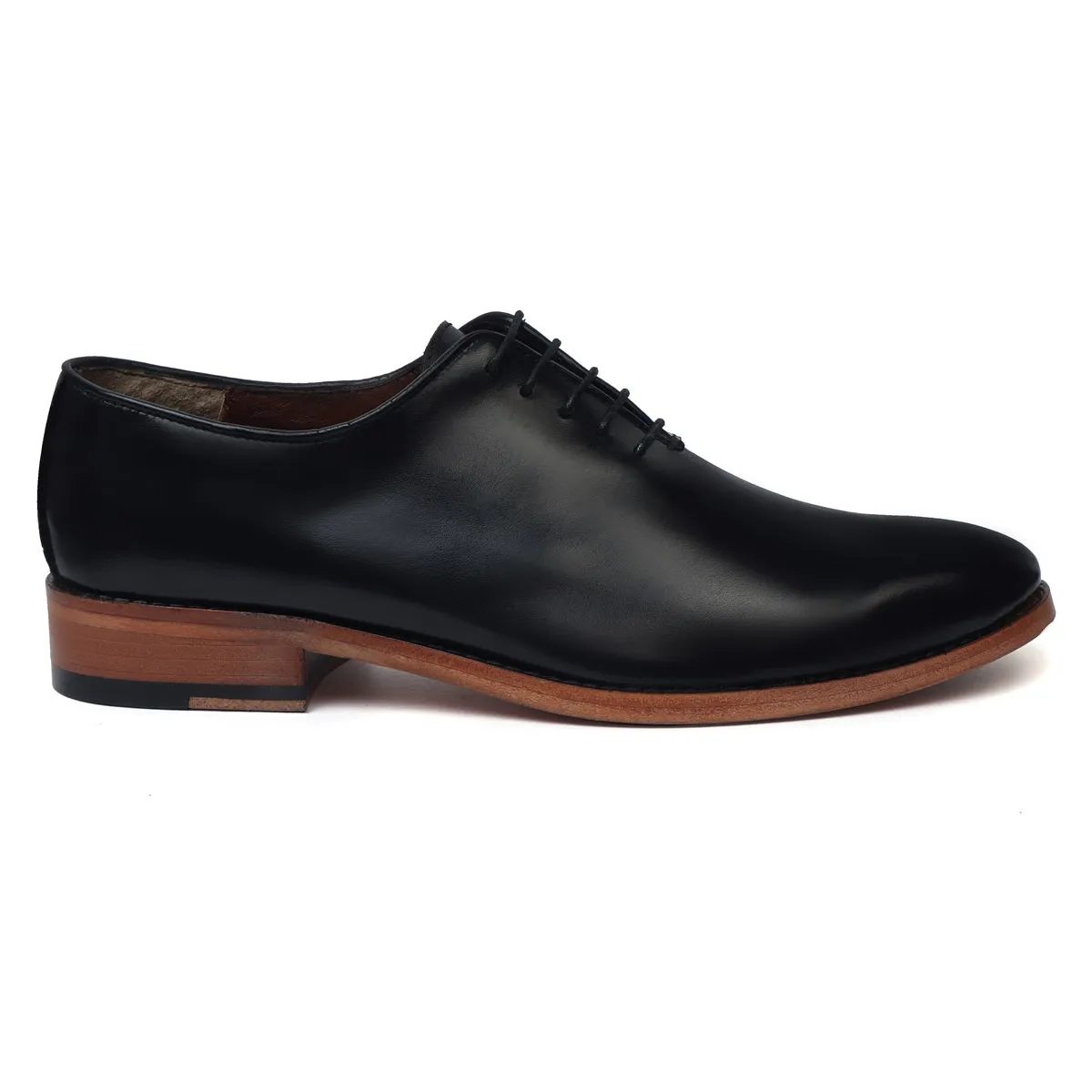 Black Whole Cut/One-Piece Oxford Leather Lace-Up Shoes For Men By Brune & Bareskin