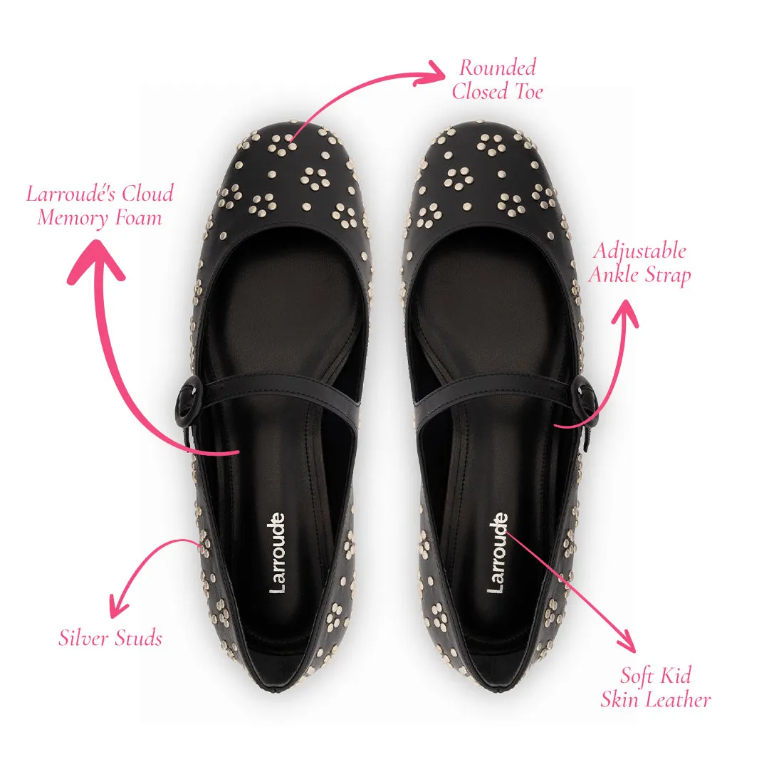 Blair Ballet Flat In Black Leather and Metallic Studs