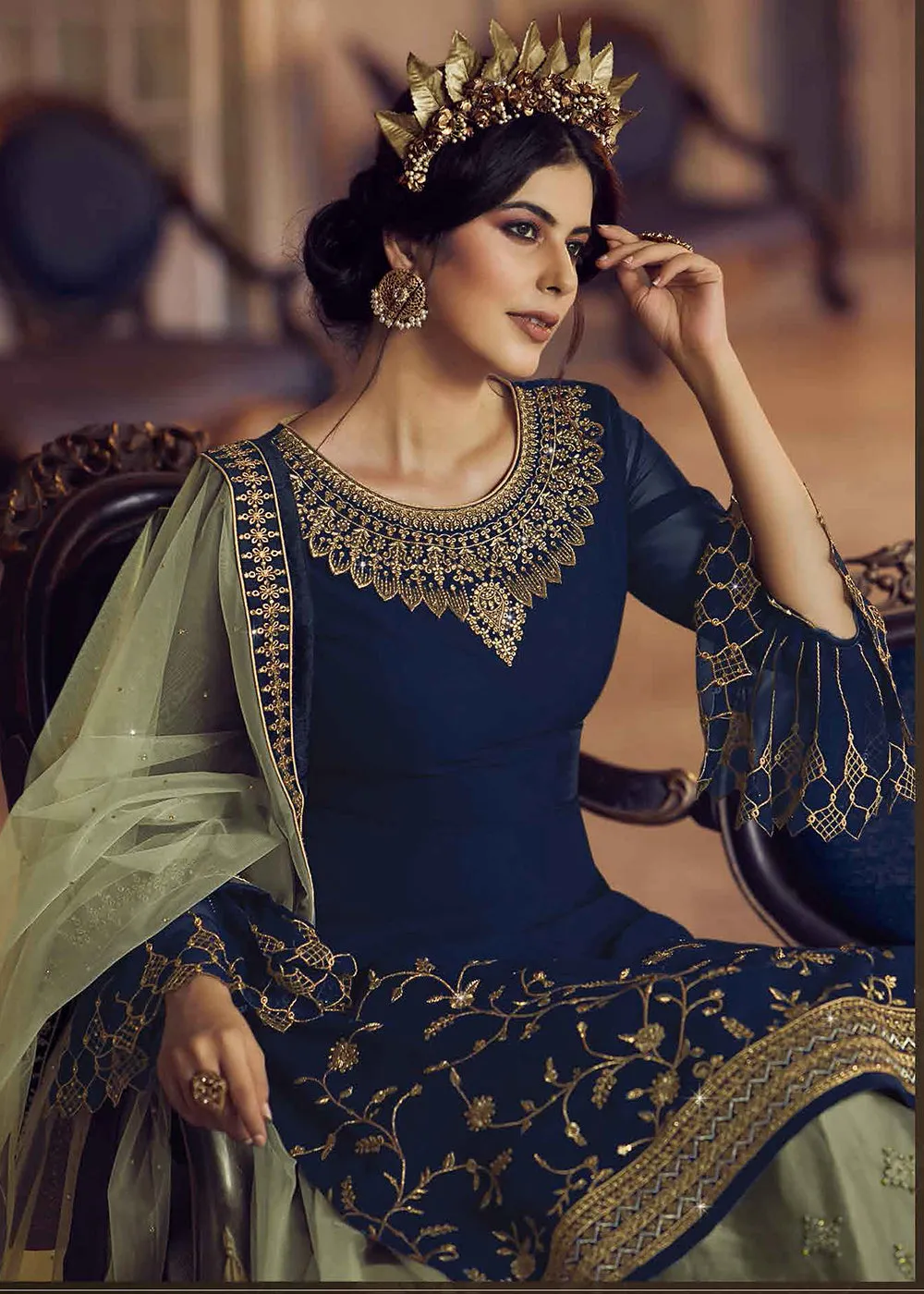 Blue & Green Lehenga/Pant Style Trendy Suit