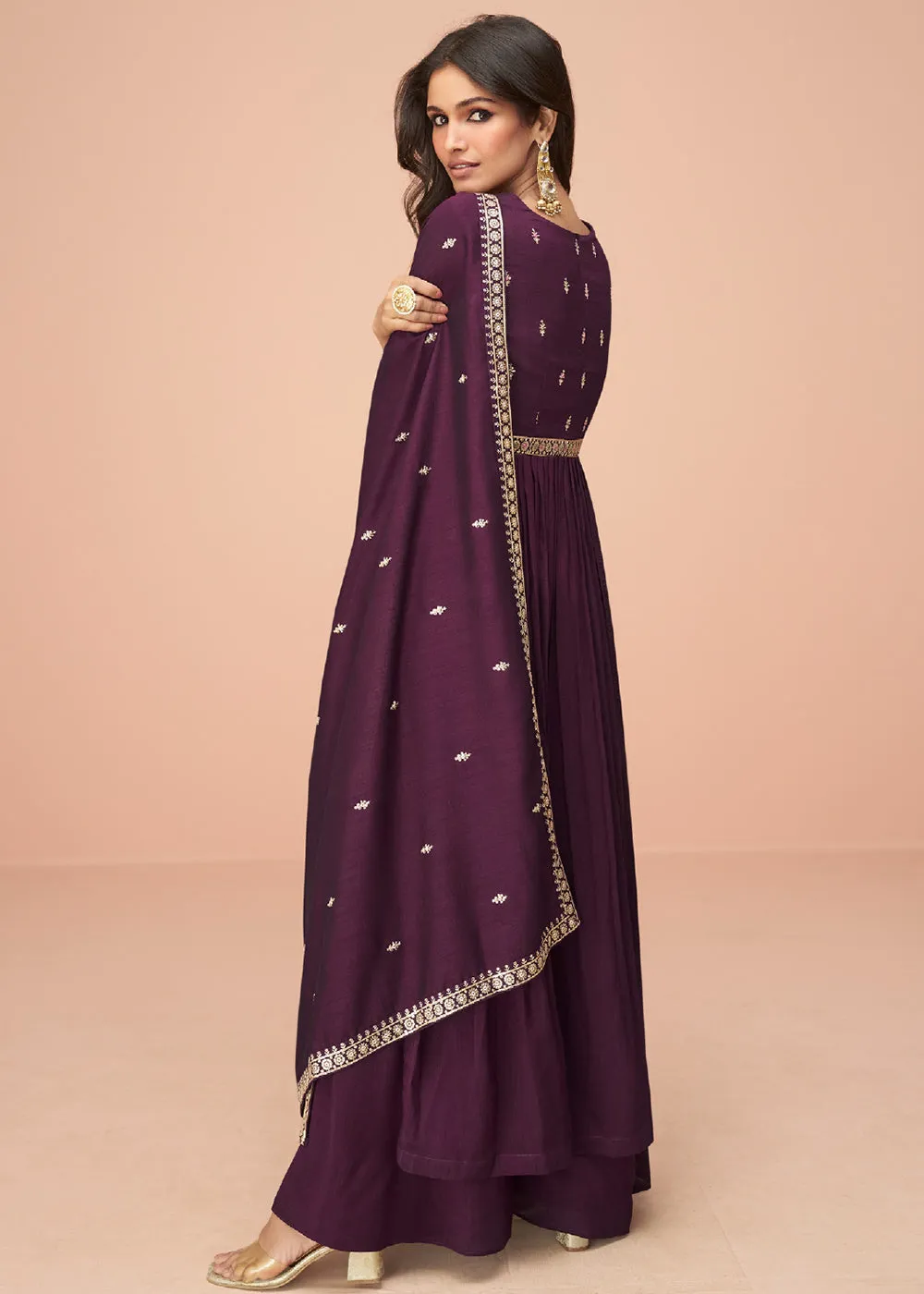 Burgundy Purple Wedding Wear Silk Trendy Palazzo Suit