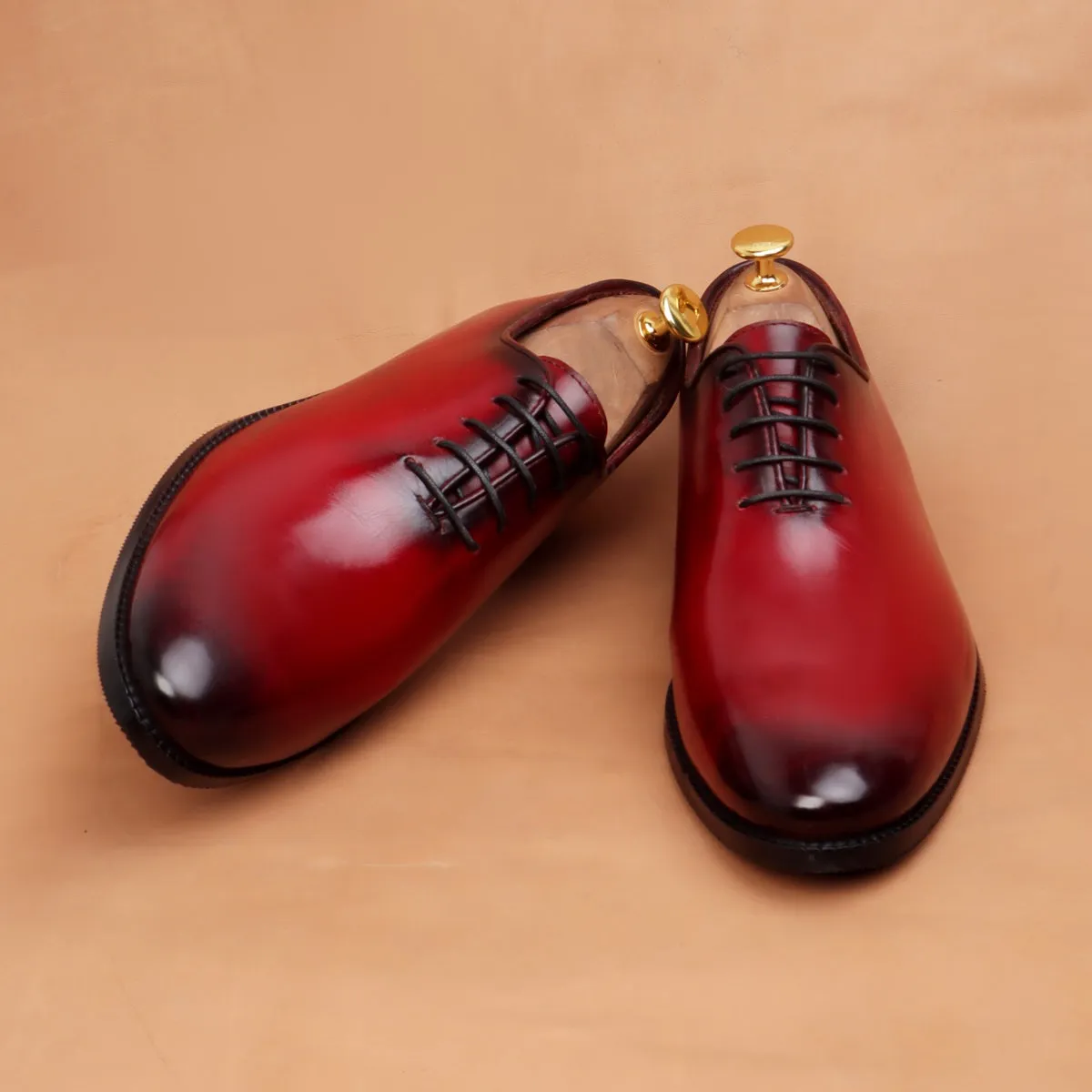 Burnished Wine Hand Painted Whole Cut/One-Piece Oxford Leather Shoes For Men By Brune & Bareskin