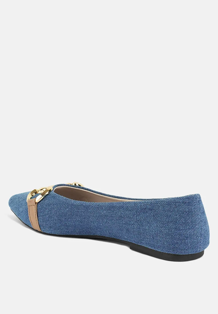 Cressida Denim Horsebit Detail Ballet Flats