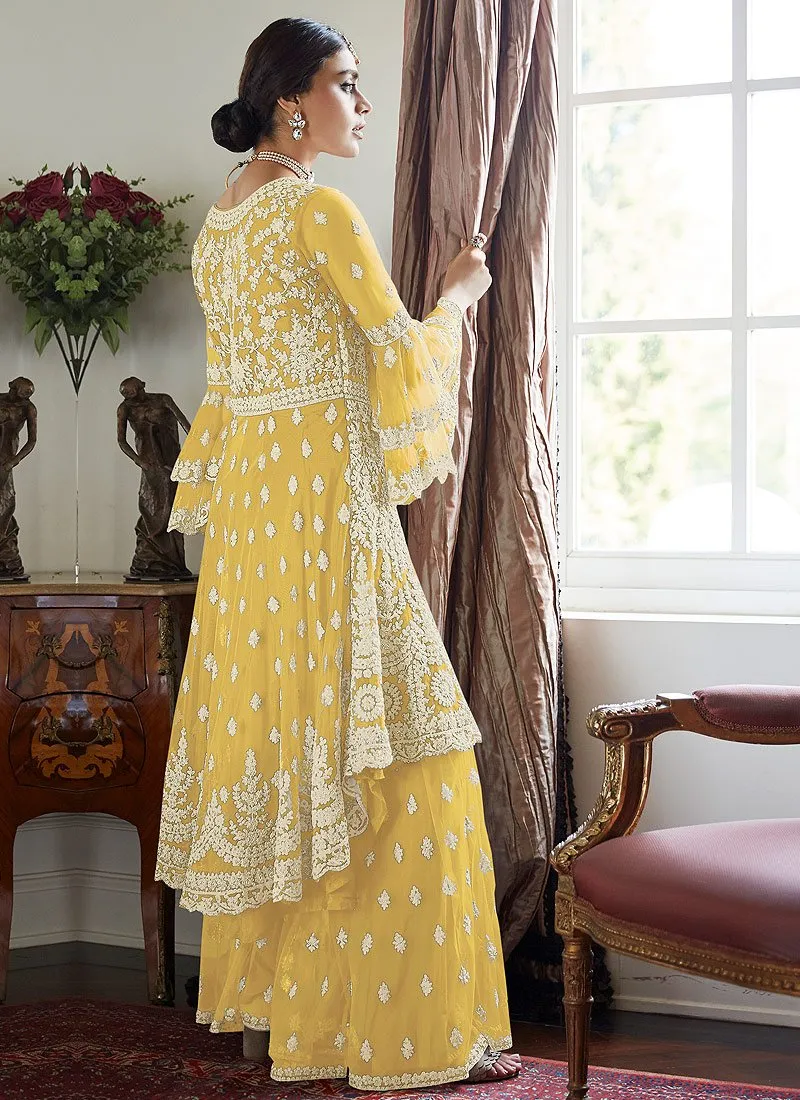 Cute Yellow Trendy Bell Sleeved Embroidered Sharara