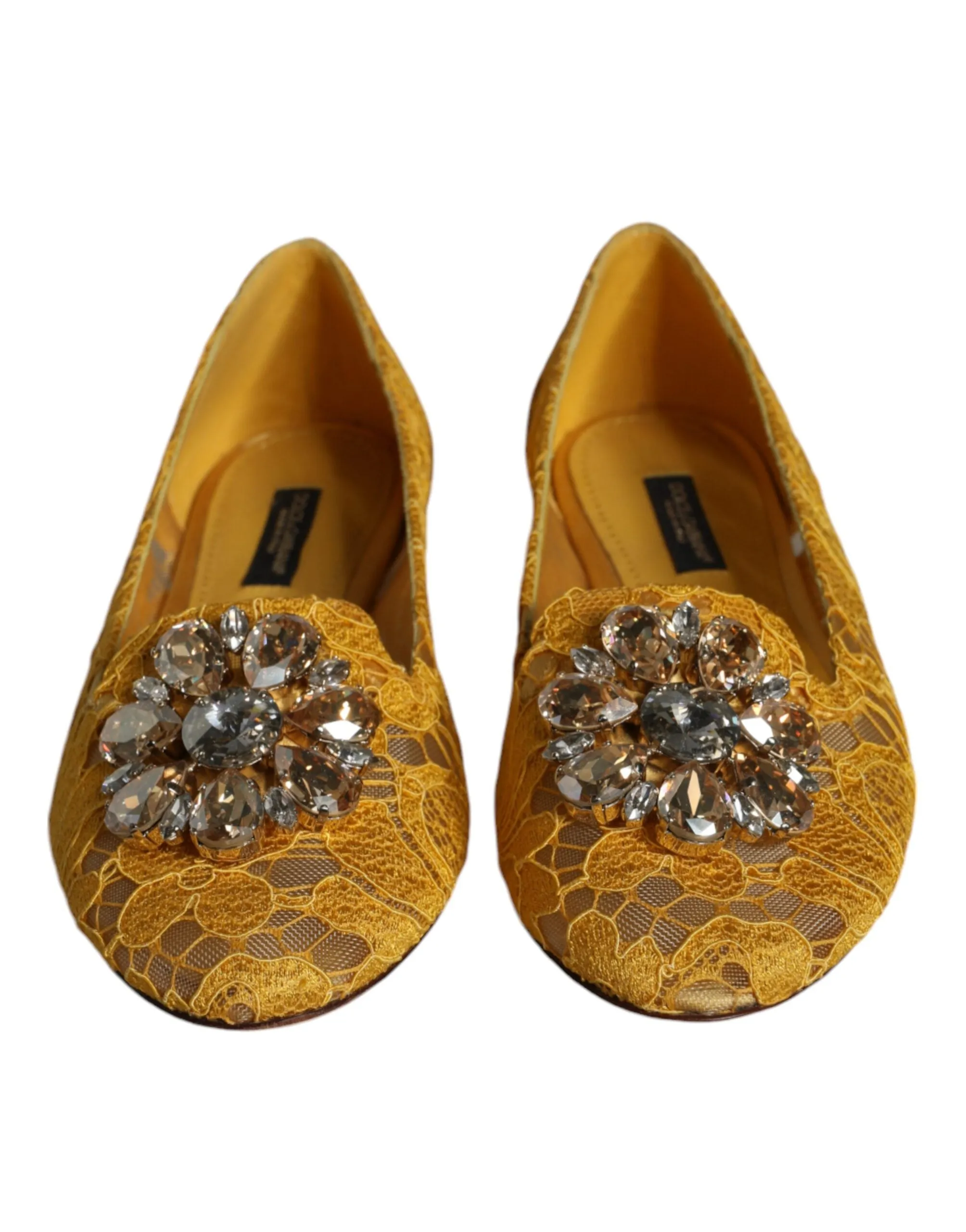 Dolce & Gabbana Lace Crystal Ballet Flats In Mustard Yellow