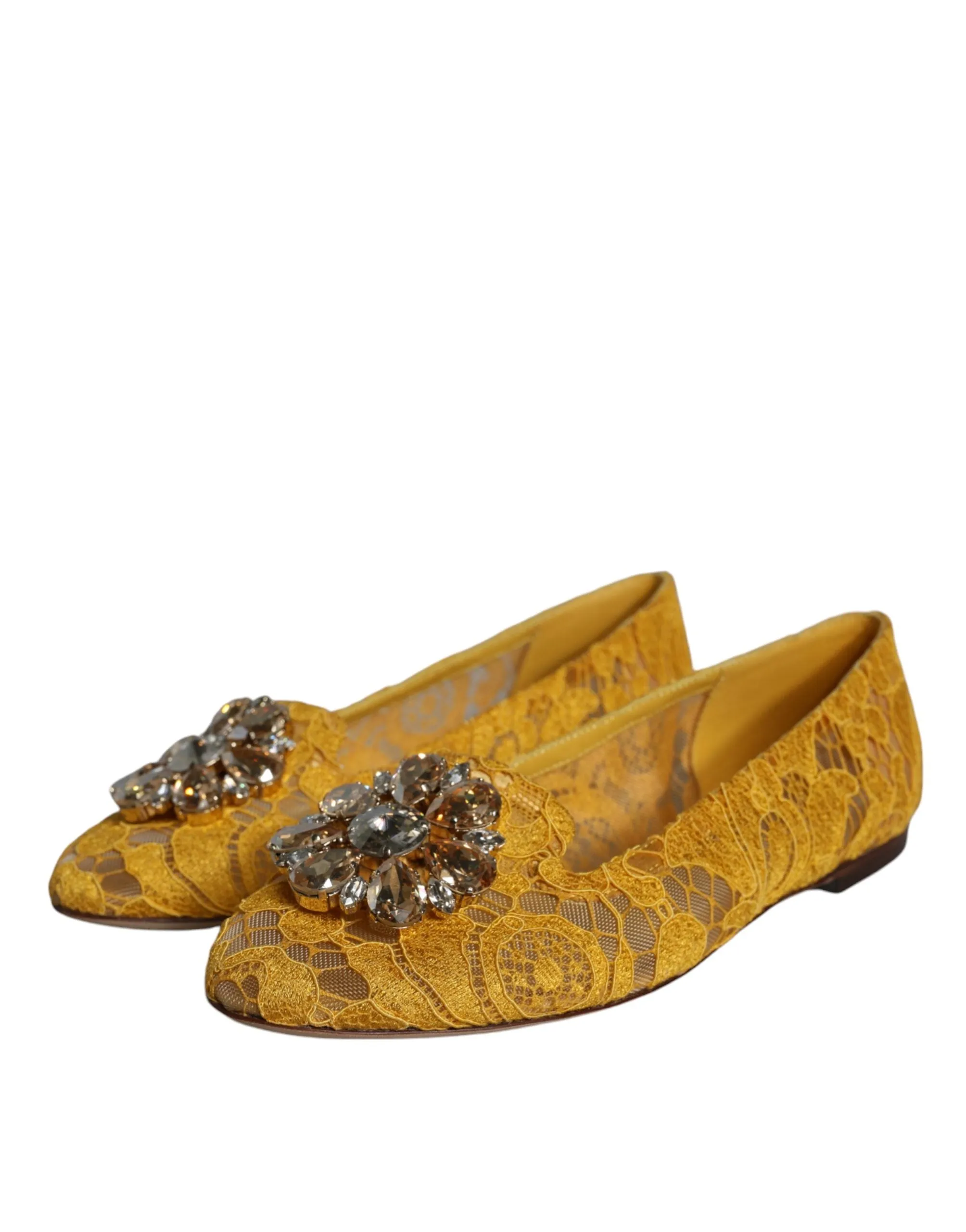 Dolce & Gabbana Lace Crystal Ballet Flats In Mustard Yellow