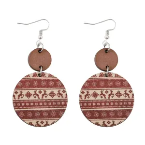 Double Circle With Wood & Reindeer Drop Earrings (Maroon)