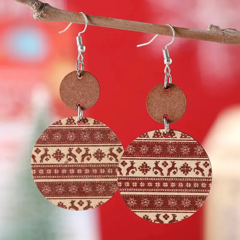 Double Circle With Wood & Reindeer Drop Earrings (Maroon)