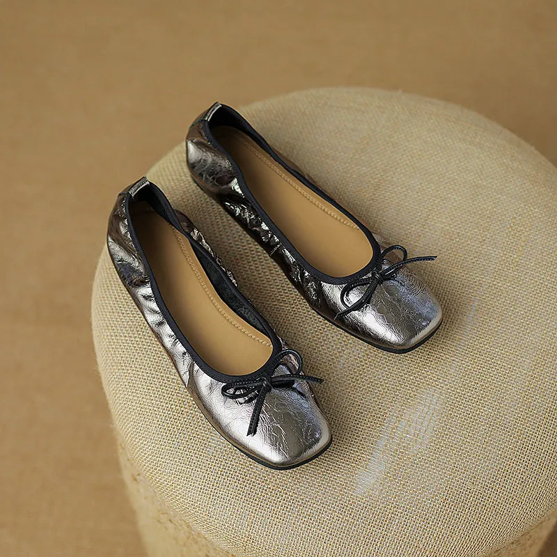 Fawn Square Toe Flats with Bow Gun Color