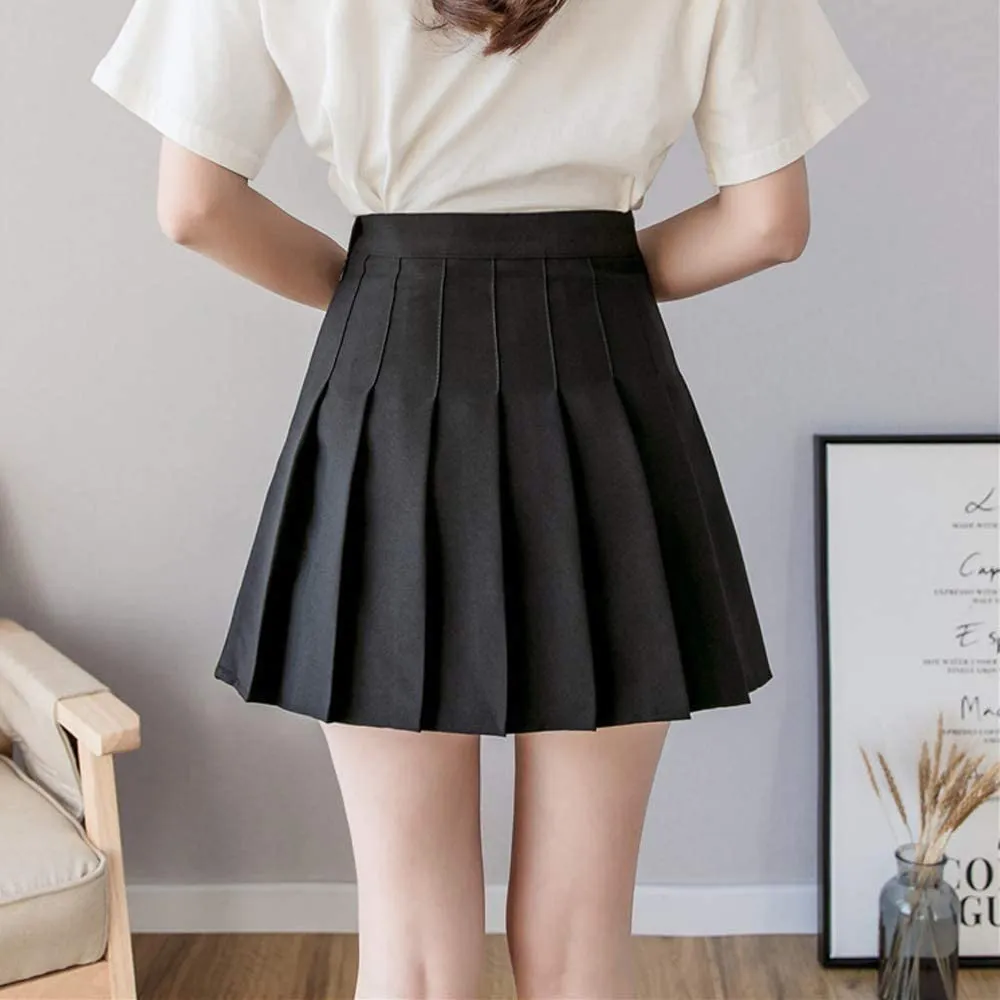 Girls Women High Waisted Pleated Skirt Plain Plaid A-line Mini Skirt Skater Tennis School Uniform Skirts Lining Shorts