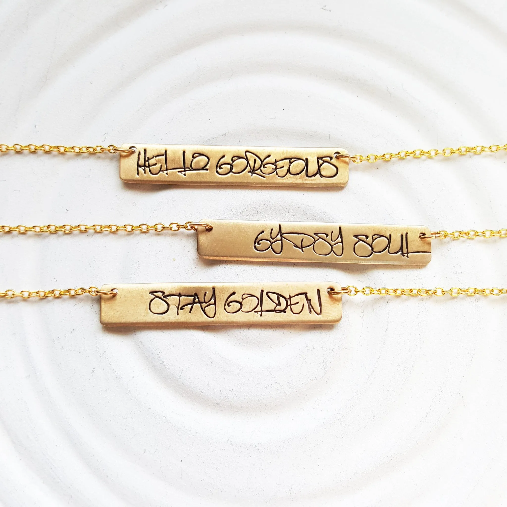 Gold Graffiti Bar Necklace | Custom Text | Golden Glow