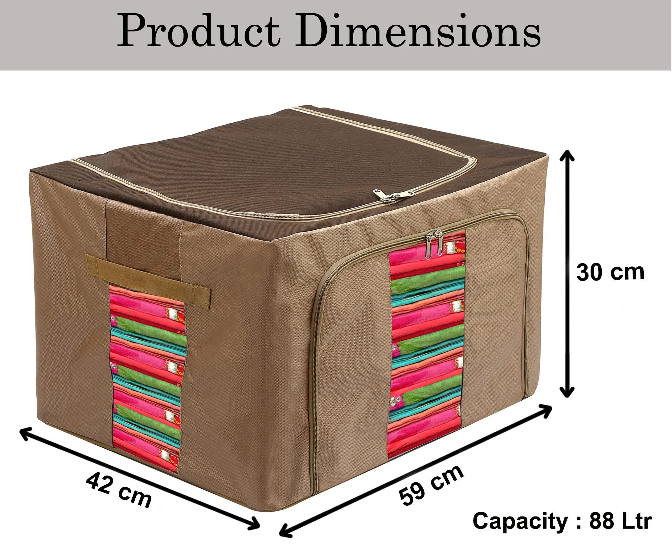 Heart Home Steel Frame Living Box, Closet Organizer, Cloth Storage Boxes for Wardrobe With Clear Window, 88Ltr. (Brown)-44HH0318