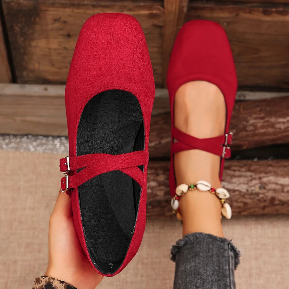 Hnzxzm Double Buckle Red Ballet Flats Women 2025 Brand Designer Square Toe Mary Jane Shoes Woman Comfort Soft Sole Casual Walking Shoes