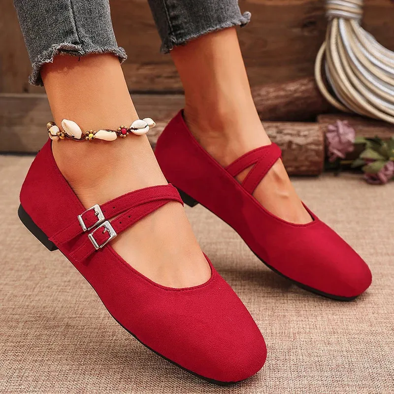 Hnzxzm Double Buckle Red Ballet Flats Women 2025 Brand Designer Square Toe Mary Jane Shoes Woman Comfort Soft Sole Casual Walking Shoes