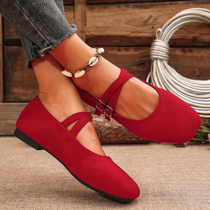 Hnzxzm Double Buckle Red Ballet Flats Women 2025 Brand Designer Square Toe Mary Jane Shoes Woman Comfort Soft Sole Casual Walking Shoes