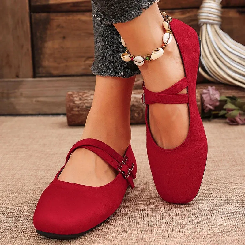 Hnzxzm Double Buckle Red Ballet Flats Women 2025 Brand Designer Square Toe Mary Jane Shoes Woman Comfort Soft Sole Casual Walking Shoes