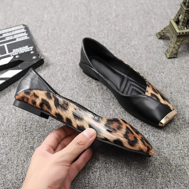 Hnzxzm New Shallow Soft Sole Leather Sandals Shoes Women's Flats Square Metal Head Personality Leopard Print Mary Jane Ballet Zapato