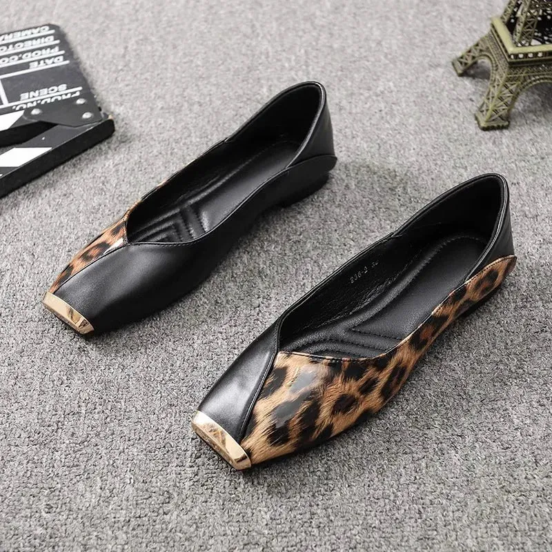 Hnzxzm New Shallow Soft Sole Leather Sandals Shoes Women's Flats Square Metal Head Personality Leopard Print Mary Jane Ballet Zapato