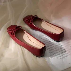 Hnzxzm Retro Bowknot  Patent Leather Women's Ballet Flats Shoes Autumn Slip on Flat Casual Shoes Round Toe Thick Heels Wine Red Loafer