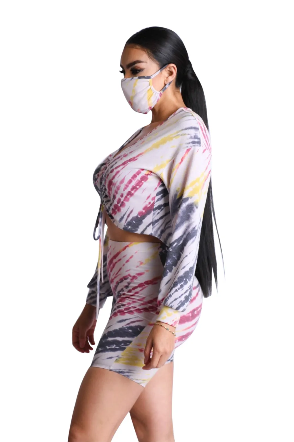 K TOO Women's Ruched Detailed Tie Dye Terry Top