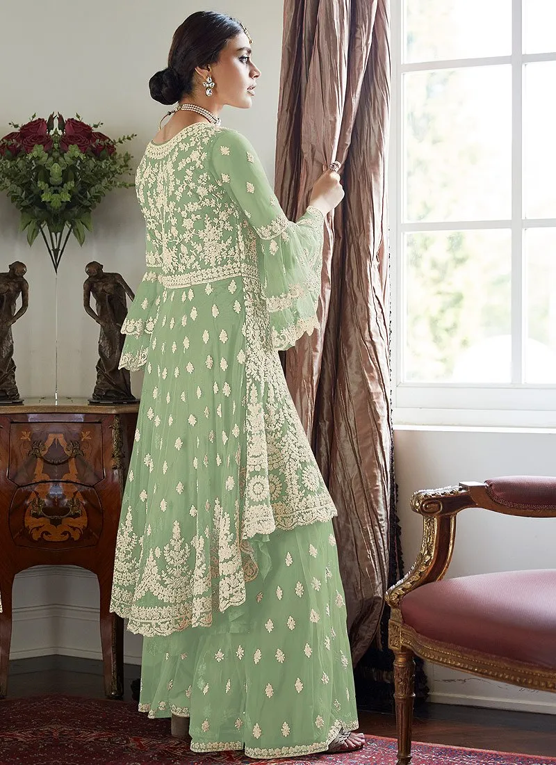 Light Green Trendy Bell Sleeved Embroidered Sharara