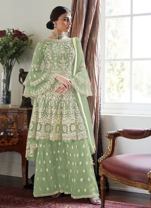 Light Green Trendy Bell Sleeved Embroidered Sharara