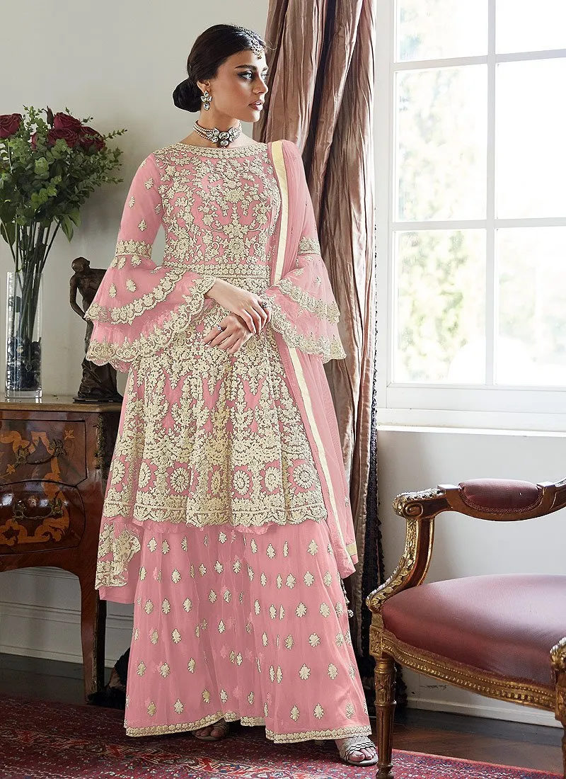 Lovable Pink Trendy Bell Sleeved Embroidered Sharara