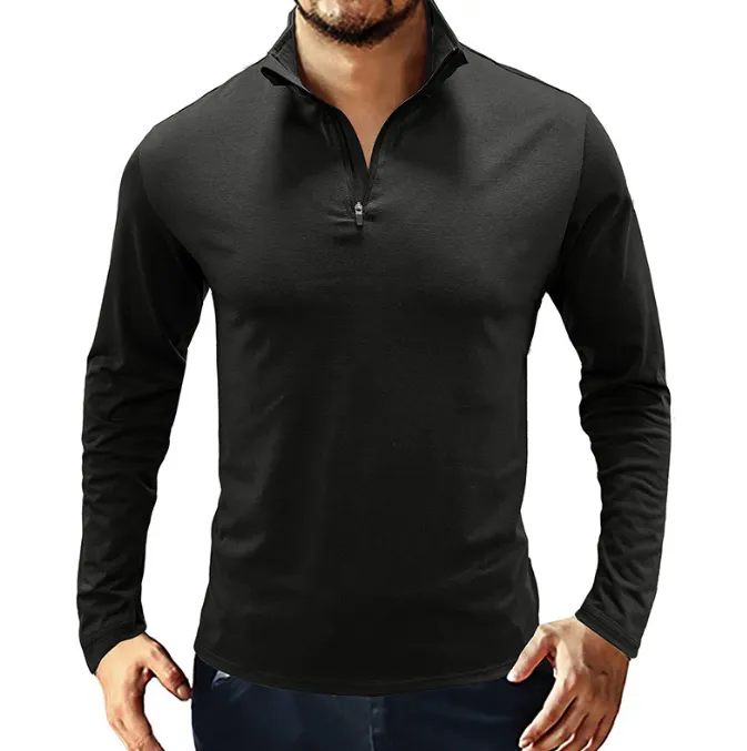 Men's Casual Polo Shirts 1/4 Zip Long Sleeve Shirt Outdoor Stand Up Collar Slim Fit Shirts