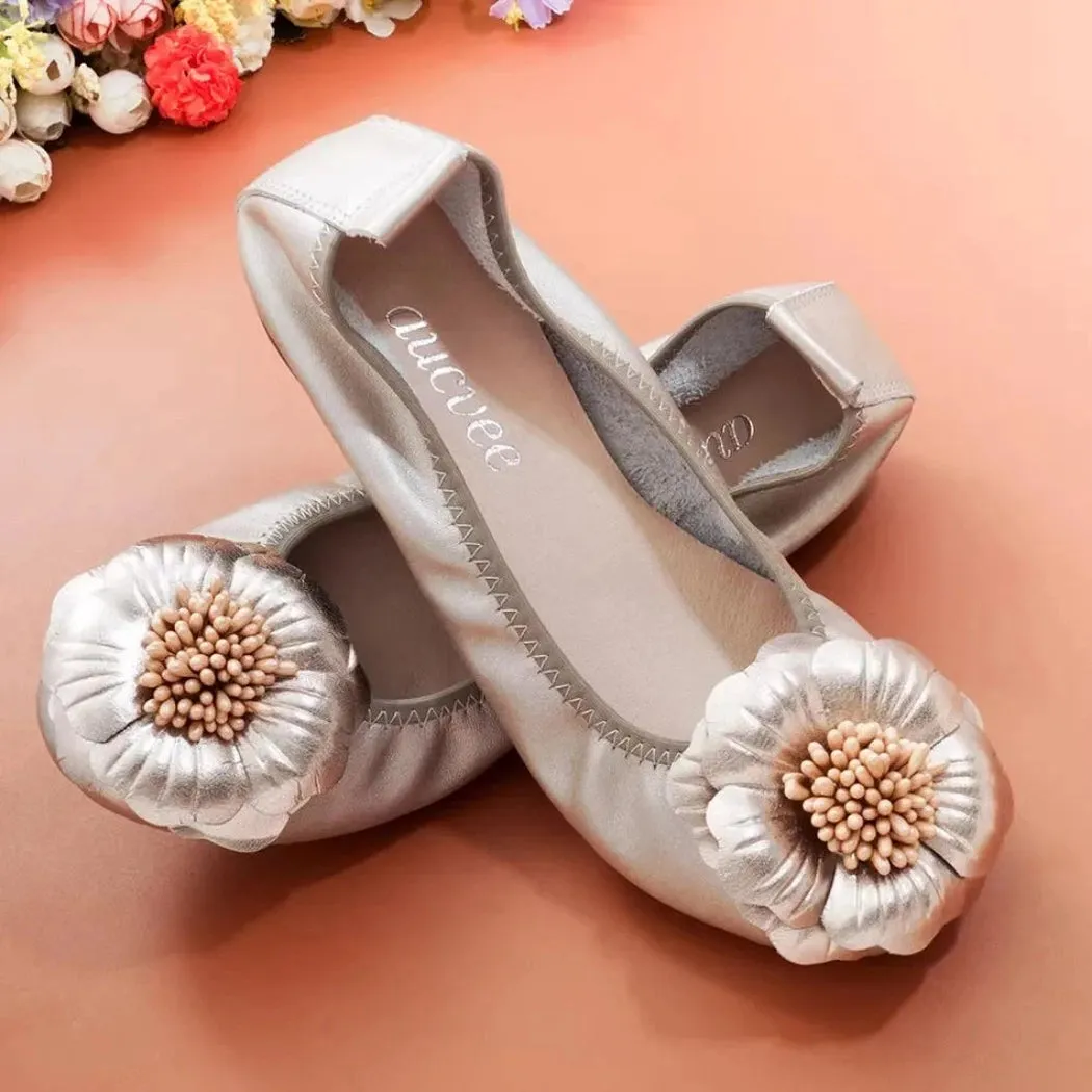 Merendy Golide Round toe Rose Romance Leather golden Sparkly ballet flats