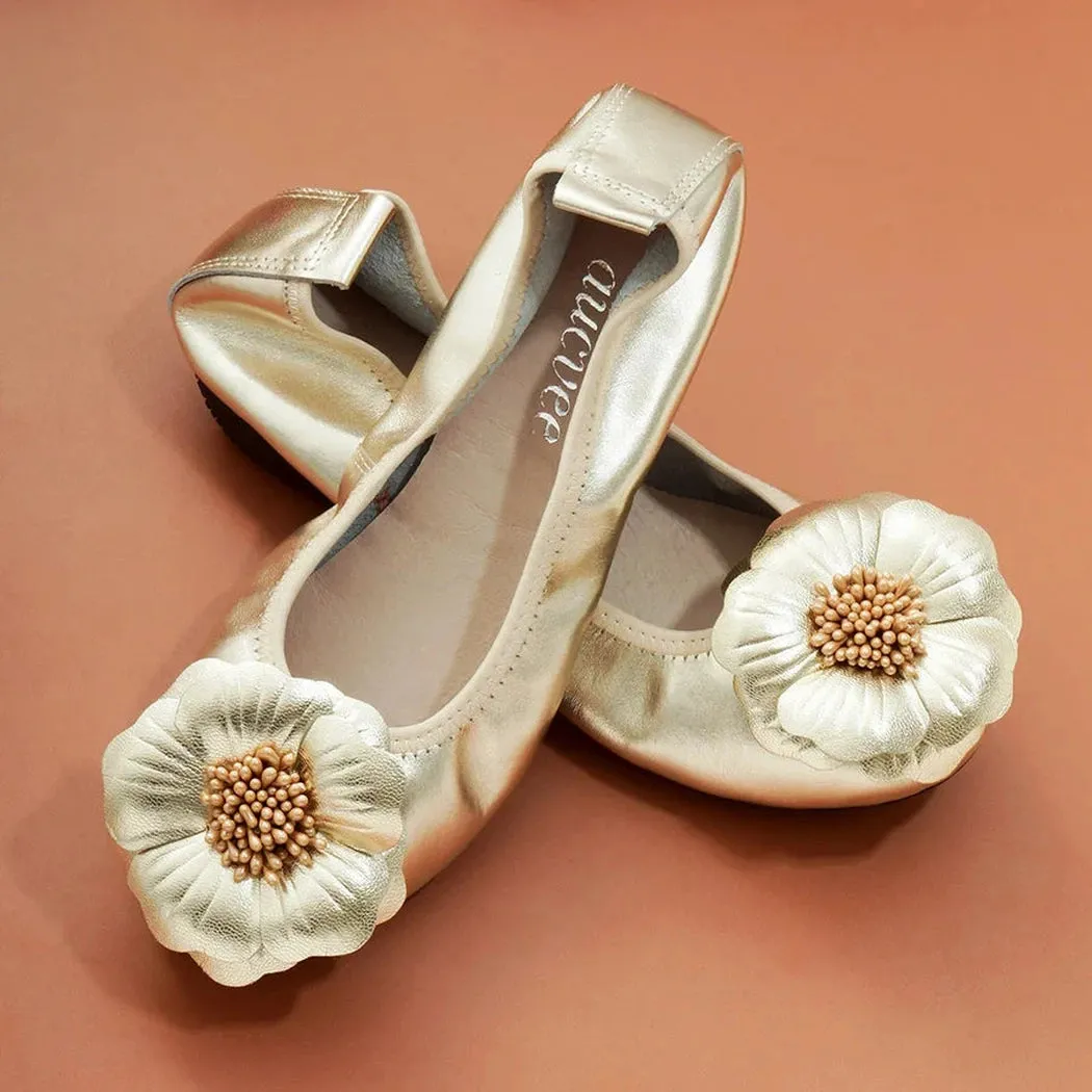 Merendy Golide Round toe Rose Romance Leather golden Sparkly ballet flats