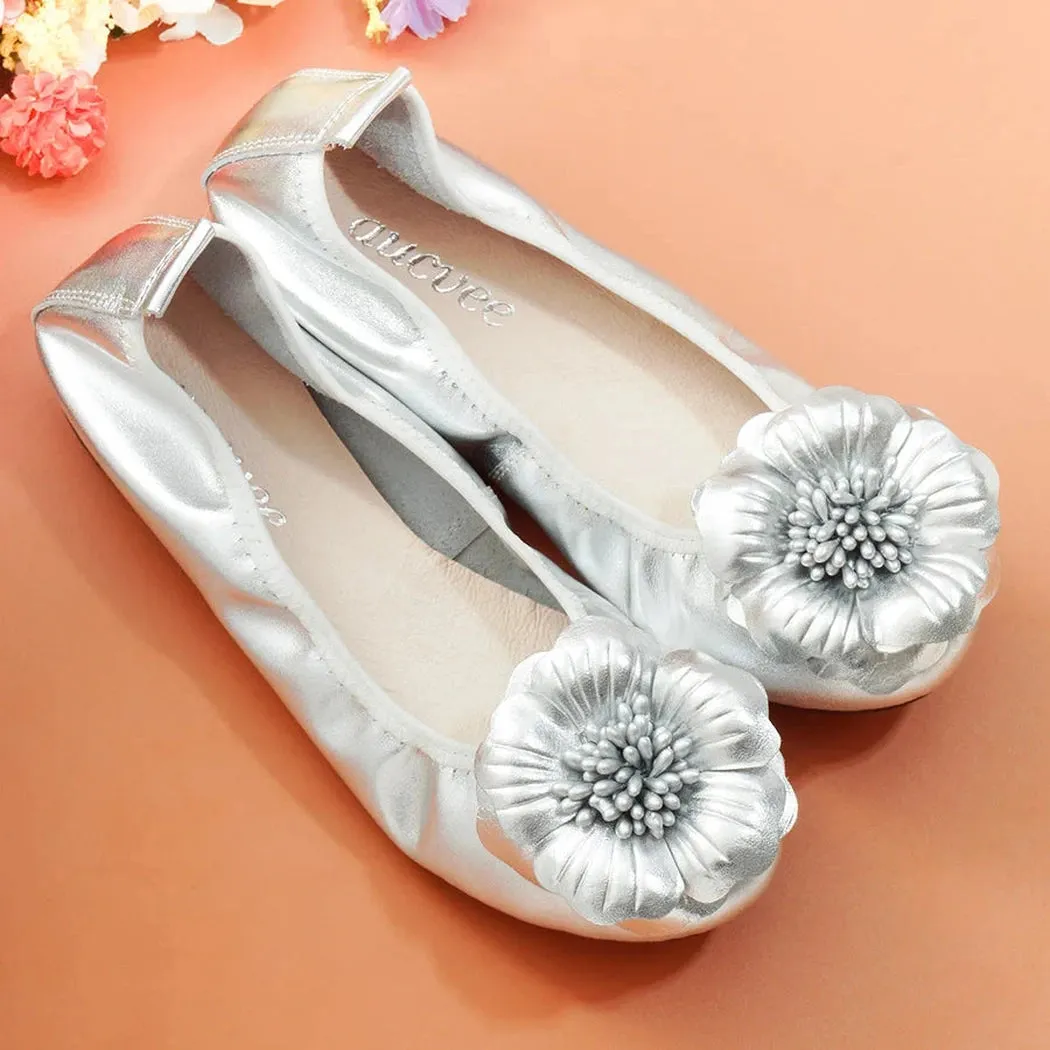 Merendy Golide Round toe Rose Romance Leather golden Sparkly ballet flats