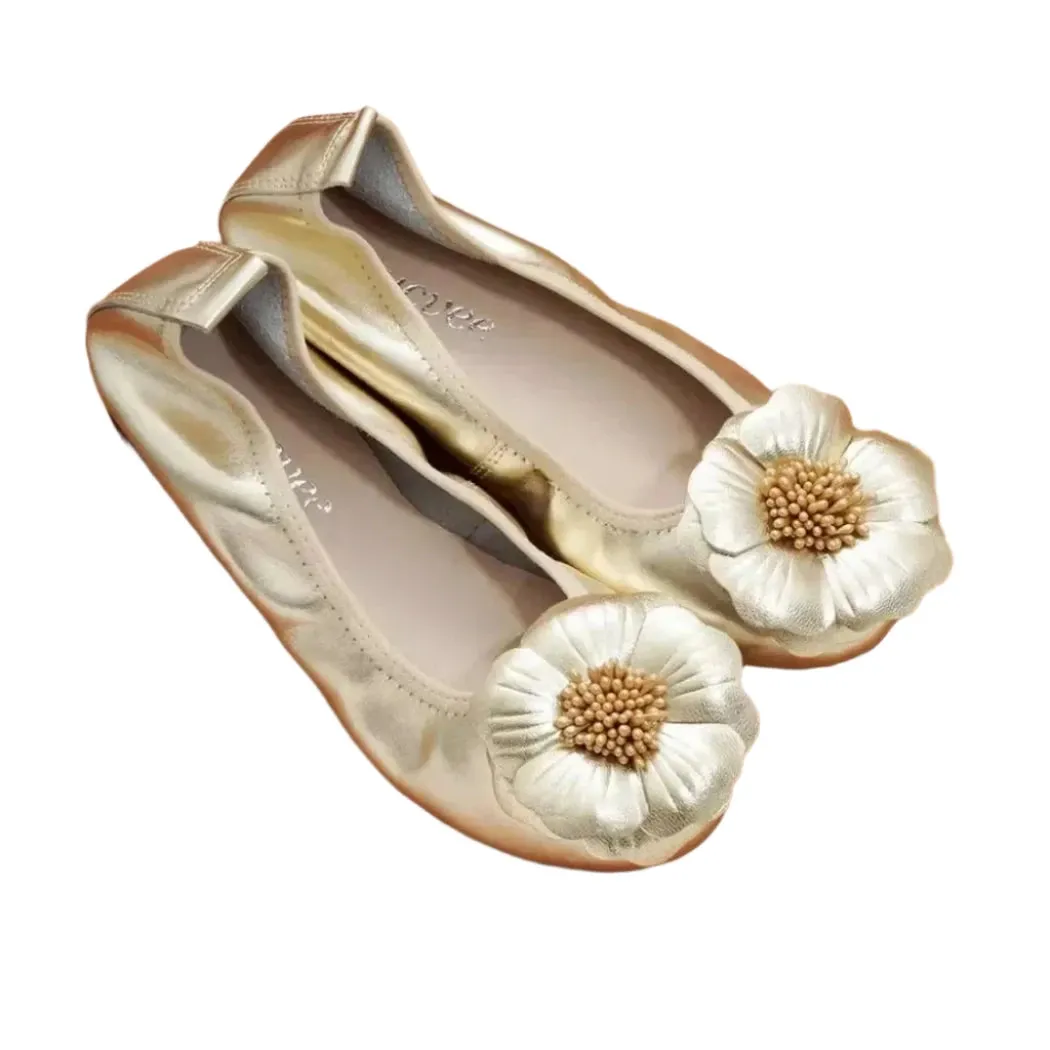 Merendy Golide Round toe Rose Romance Leather golden Sparkly ballet flats