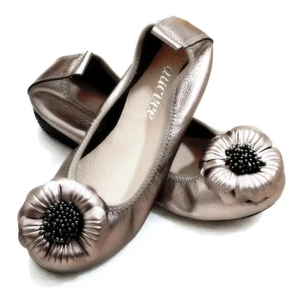 Merendy Golide Round toe Rose Romance Leather golden Sparkly ballet flats