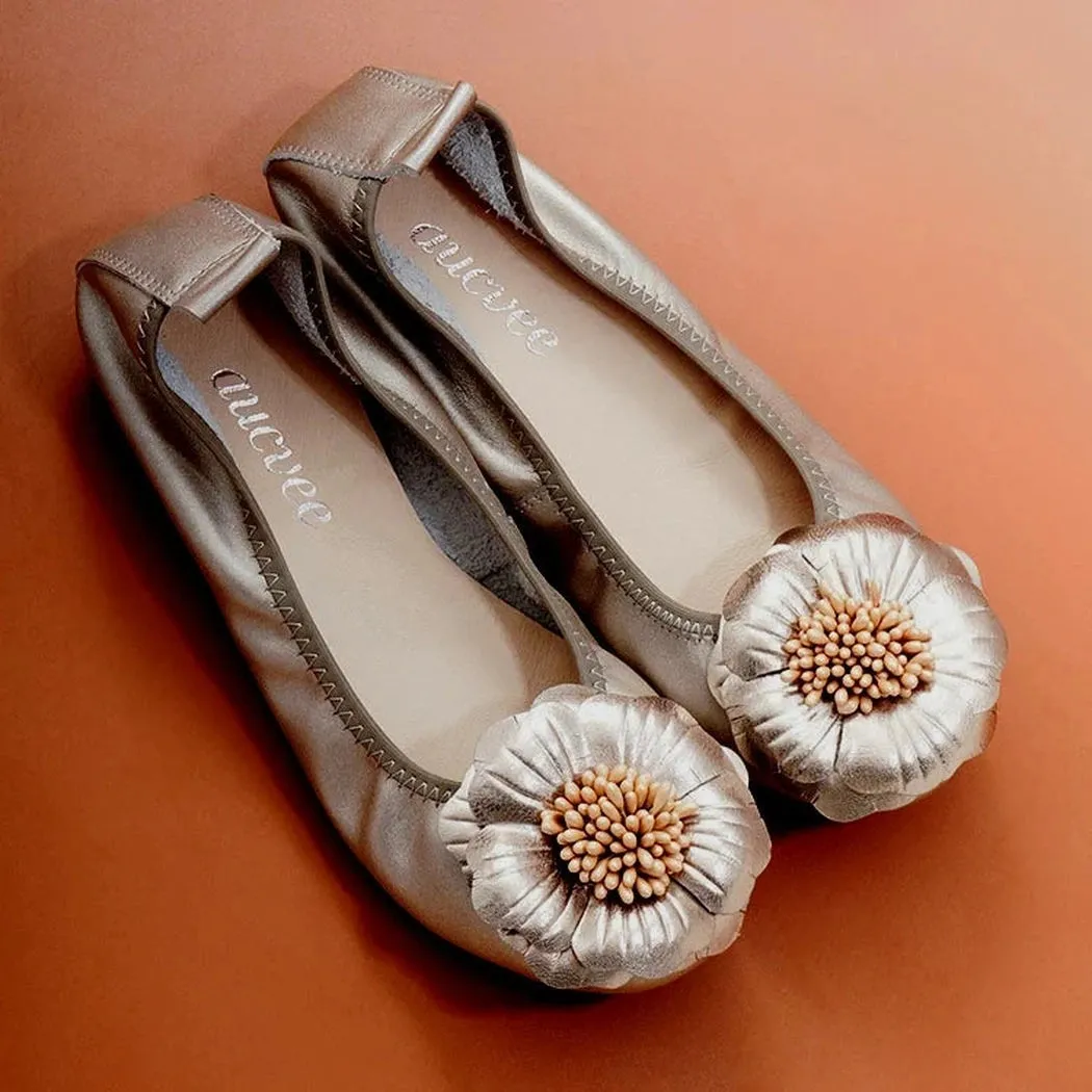 Merendy Golide Round toe Rose Romance Leather golden Sparkly ballet flats