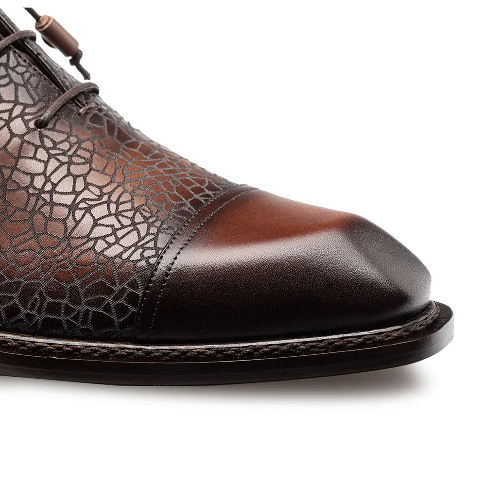 Mezlan Chocolate Lace-Up Shoes Asymmetric Embossed Calf Oxford Style-S21309